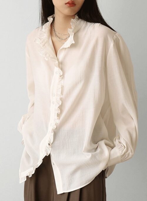 White Ruffled Lining Long Sleeve Shirt | Jimin - BTS