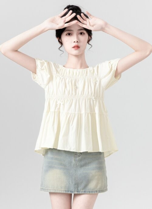 Beige Puffed Sleeves Mini Bows Top | Baek Seok Ryu - Love Next Door