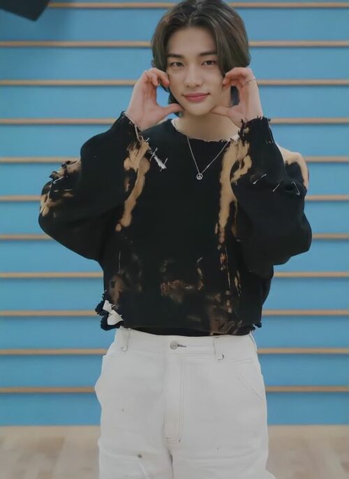 Black Bleached Tie-Dye Sweater with Pin Accents | Hyunjin - Stray Kids