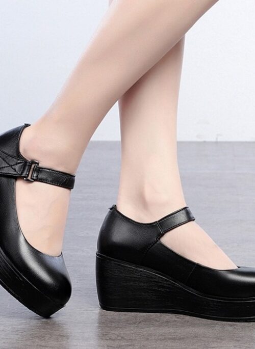 Black Leather Wedge Heel Shoes | Pharita - BabyMonster