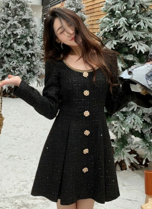 Black Tweed Flower Buttons Dress | Kang Bit Na - The Judge From Hell