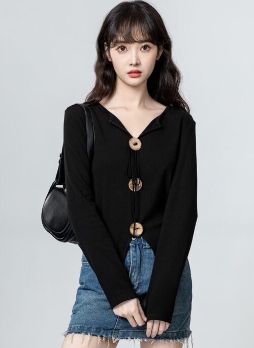 Black Vneck Irregular Long Sleeve Shirt