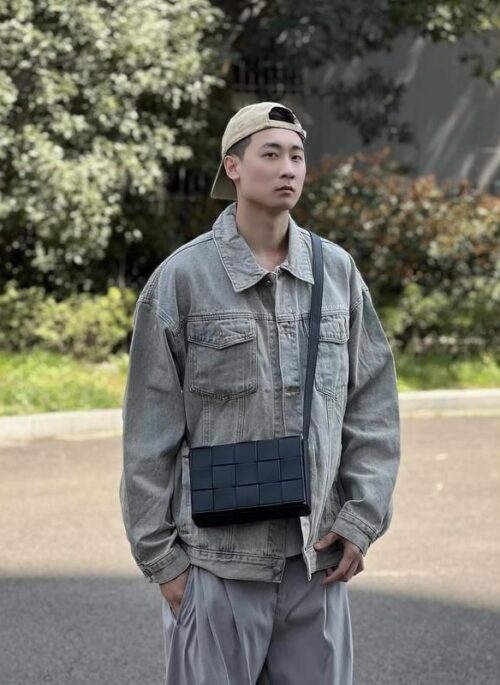 Black Woven Design Compact Leather Bag | Yunho - ATEEZ