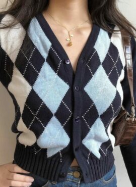 Blue Argyle V-Neck Cardigan | Sumin – STAYC