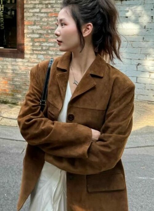 Brown Suede Blazer Jacket | Rami - BabyMonster