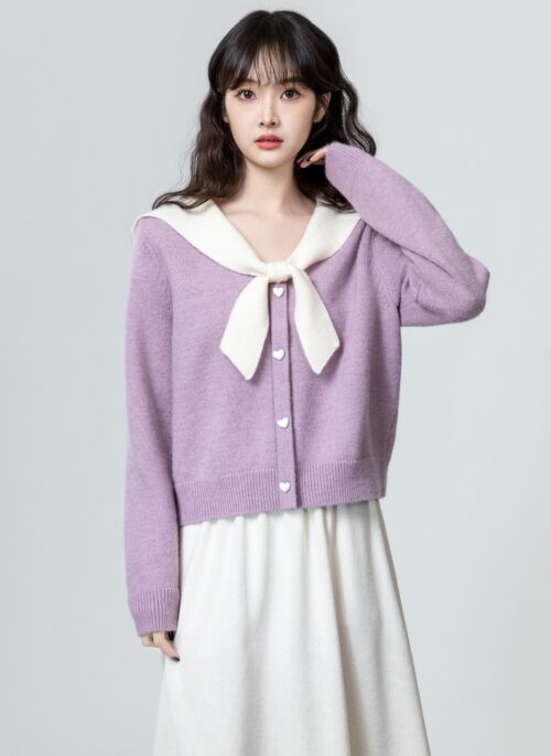 Lilac Bow Tie Knit Pullover Top