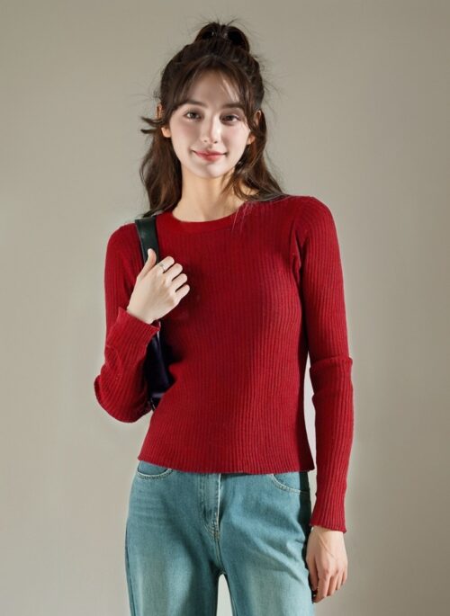 Red Plain French Style Long Sleeve Sweater