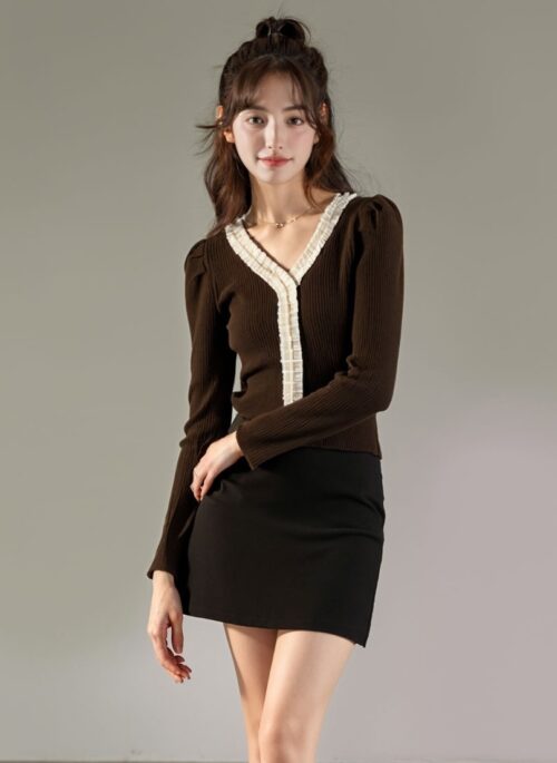 Brown Vneck Bubble Sleeve Sweater