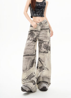 Grey Patchwork Print Wide-Leg Jeans | San – ATEEZ