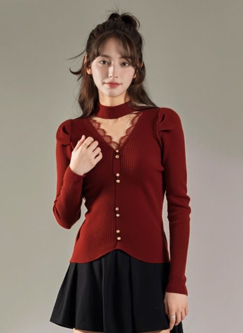 Red V-Neck Lace Lined Slim Knit Top