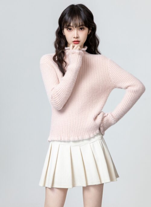 Pink Ruffled High Neck Sweater Top