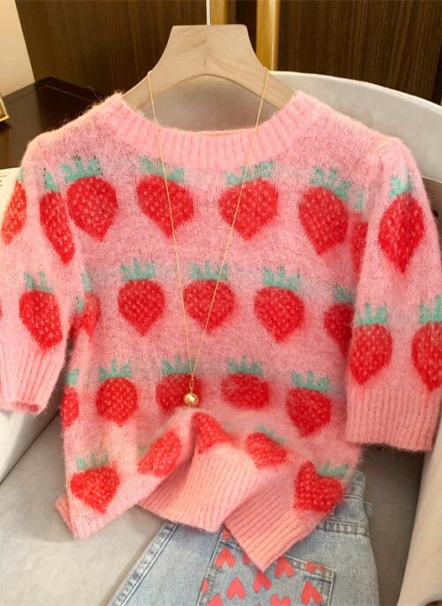 Pink Strawberry Print Knit Top | Lisa - BlackPink