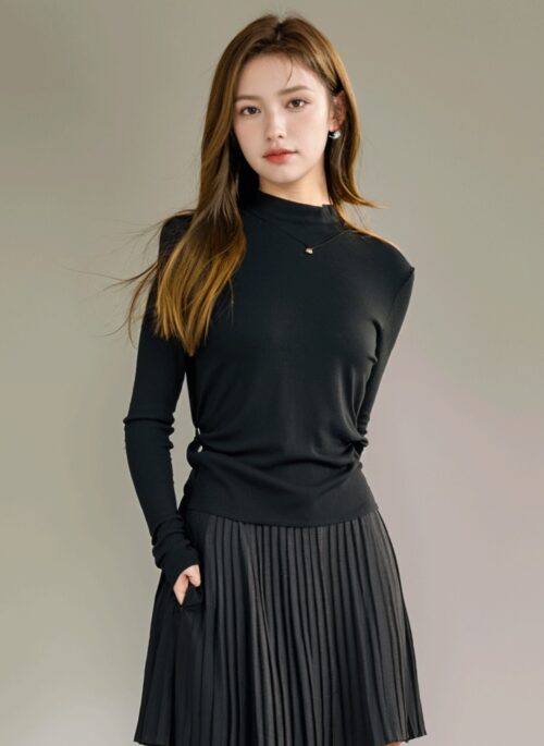 Black Plain High Neck Knit Top