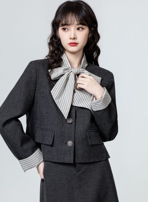 Striped Bow Tie Gray Suit Jacket