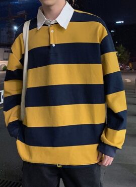 Yellow And Blue Stripes Collared Sweatshirt | Seeun – STAYC