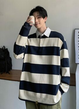 Blue And White Stripes Long Sleeves Polo Shirt |  Kang Hae Jun – Family By Choice