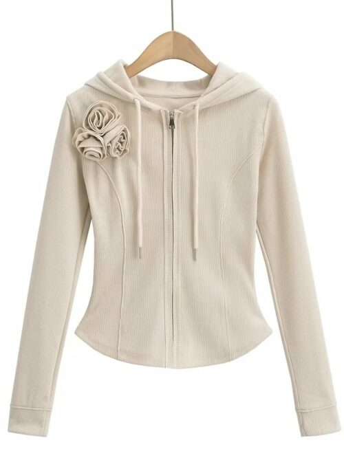 Beige 3D Roses Hooded Jacket | Lisa - BlackPink