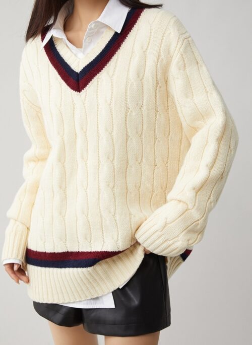 Beige Contrast-Trim V-Neck Sweater | Jin – BTS