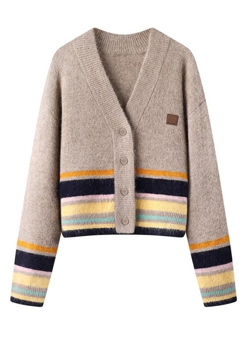 Beige Multicolor Striped Button-Up Cardigan | Jin - BTS