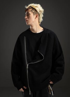 Black Asymmetrical Zip-Up Sweater | Mingi – ATEEZ