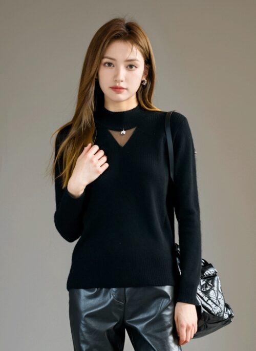 Black High Neck Knit Sweater With Hollow Design