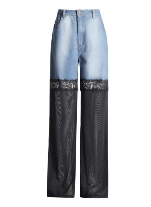 Blue Denim And Sheer Black Lace Panel Pants | Sana - Twice