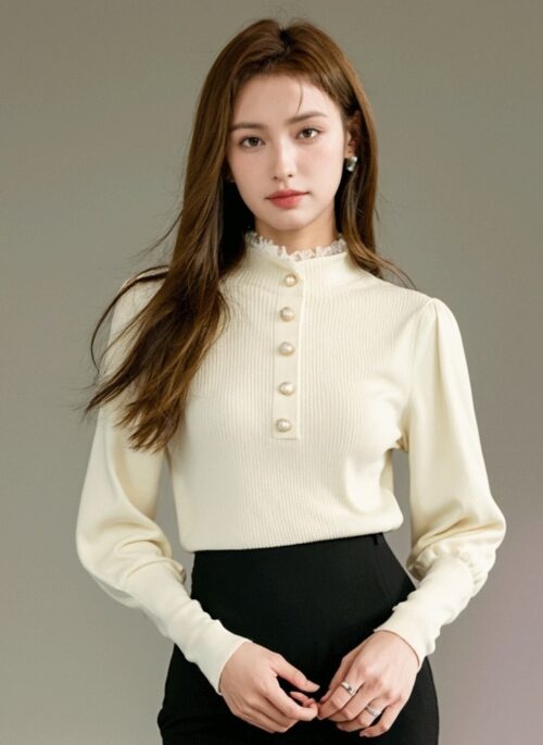 Fashionable Knit Sweater With Lace Necline And Pearl Buttons Accent