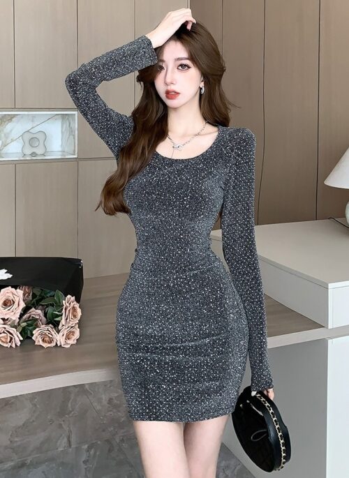 Grey Diamond Embezzled Long Sleeves Dress | Dahyun – Twice