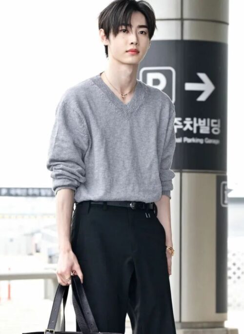 Grey Ribbed Edge V-Neck Sweater | Sunghoon – Enhypen