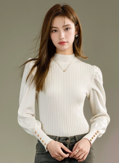 High Neck Knitted Sweater Top With Semi Puff Sleeves