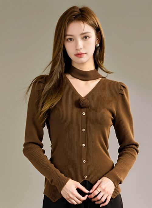 Brown Hollow Buttoned Knit Sweater Top With Front Slit