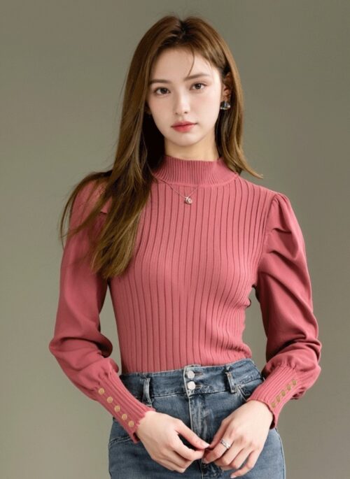 Pink High Neck Knitted Sweater Top With Semi Puff Sleeves