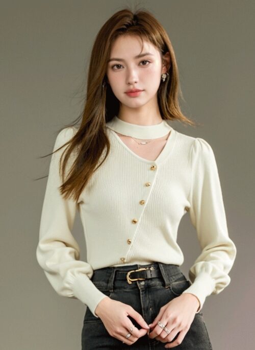 Beige Hollow Knit Sweater With Asymmetrical Button Design