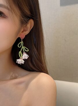 Pink And Green Beaded Flower Dangling Earrings | Irene – Red Velvet