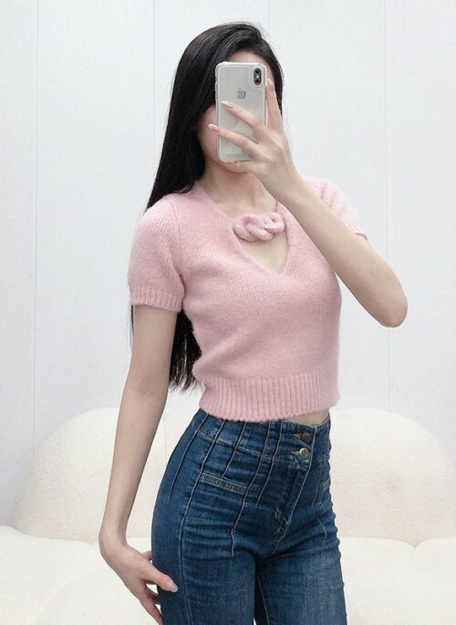 Pink Knotted Neckline Knitted Top | Sana - Twice