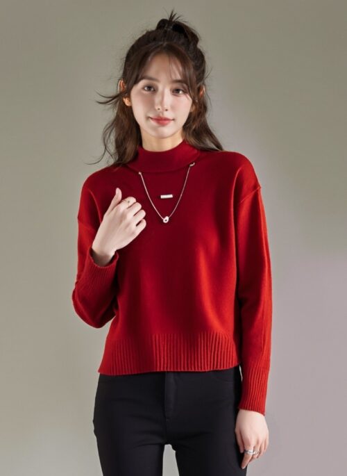 Red High Neck Knitted Sweater