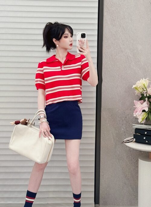 Red Striped Cropped Polo Shirt | Momo - Twice