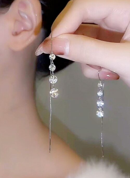 Silver Crystal Dangling Thread Earrings | Irene - Red Velvet