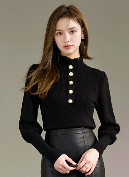 Stylish Black High Neck Knit Top With Lace Neckline