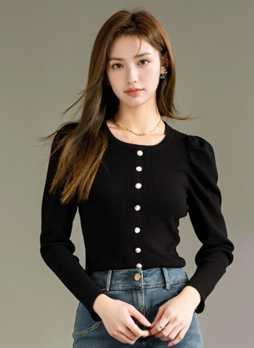 Black Semi Puff Sleeve Buttoned Shirt