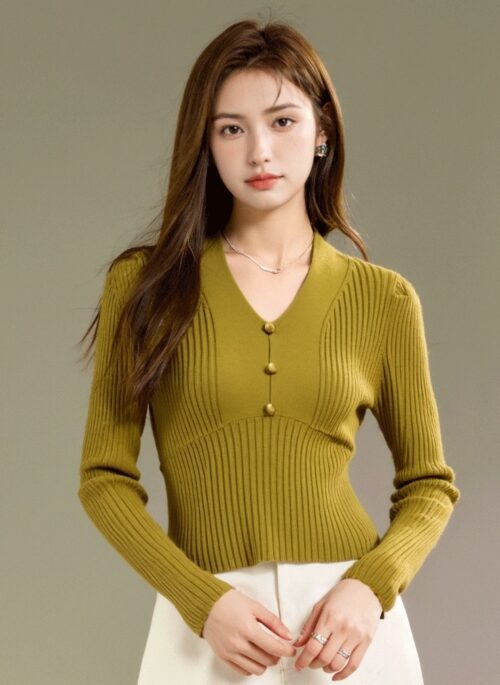 Vneck Slim Fit Sweater With Gold Button Accent