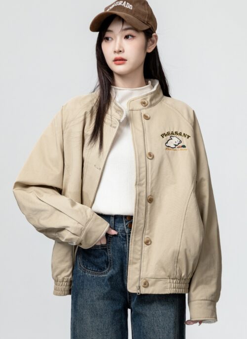 Winter Khaki Baseball Jacket With Thick Fleece