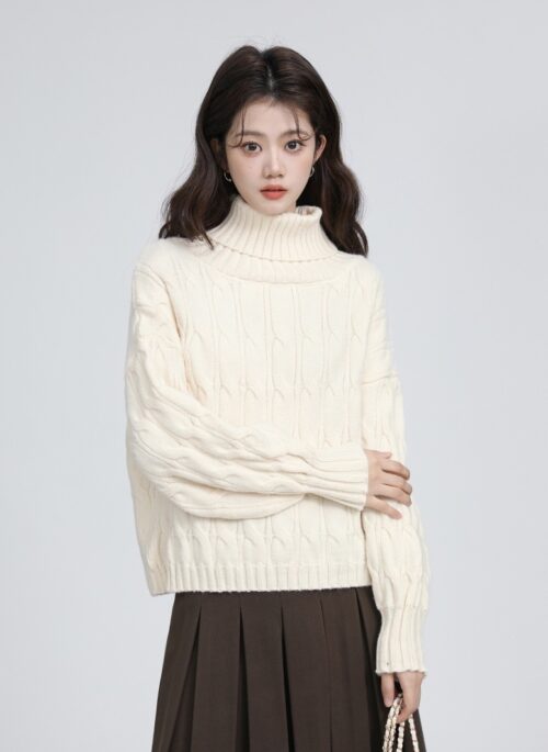 Beige Cable Knit Turtleneck Sweater