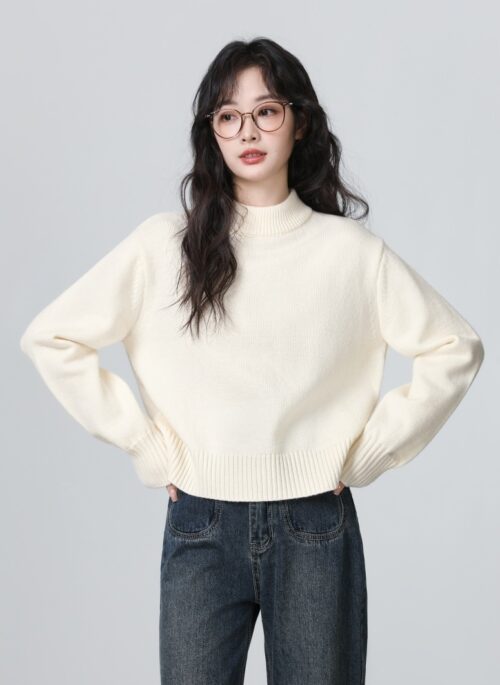 Beige Turtleneck Knit Sweater