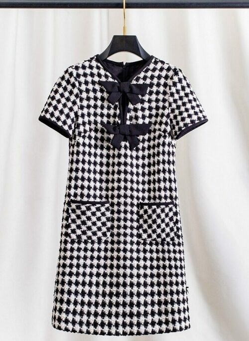 Black And White Double Bow Tweed Dress | Irene - Red Velvet