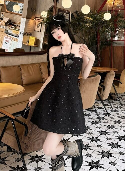 Black Bow Accent Sparkly Dress | Eunchae - Le Sserafim