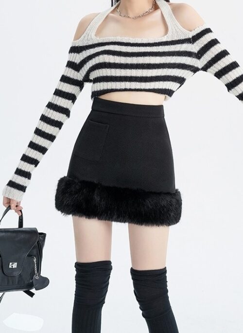 Black Fur Hem Woolen Skirt | Jennie – BlackPink