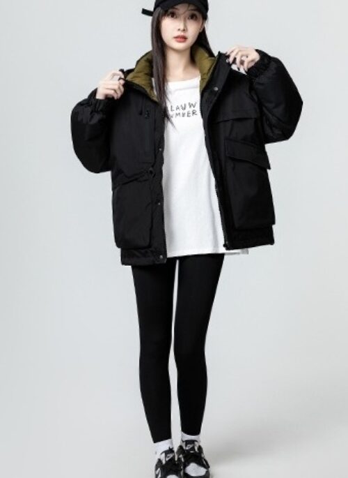 Black Hooded Colorblock Puffer Jacket