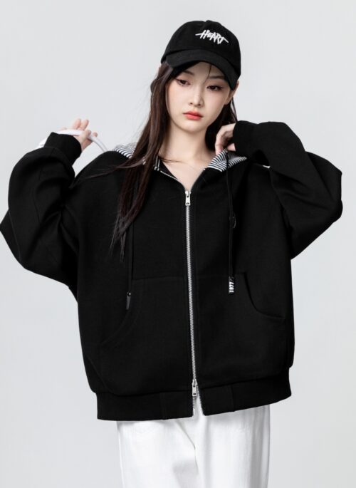 Black Hooded Zipup Casual Jacket