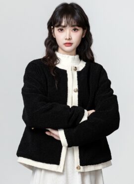 Black Lamb Wool Colorblock Cardigan Jacket